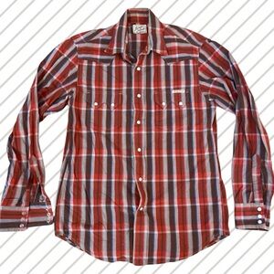 Lucky Brand Men’s Western Long-Sleeve Red Plaid Shirt w/ Pearl Snap Buttons